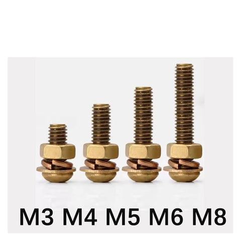 Premium Brass Screw Nut Kit Featuring Pan Head Phillips Fasteners With Washers For Metalworking Projects In M3 To M6 Sizes, showing various sizes of brass fasteners.
