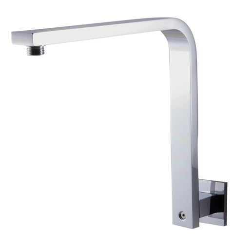 12 Inch Square Raised Wall Mounted Shower Arm With Curved Gooseneck Beefy Solid Brass Polished Chrome Standard Half Inch NPT Heavy Duty Square Pipe Design Built To Last For Large Square Rain Shower Heads