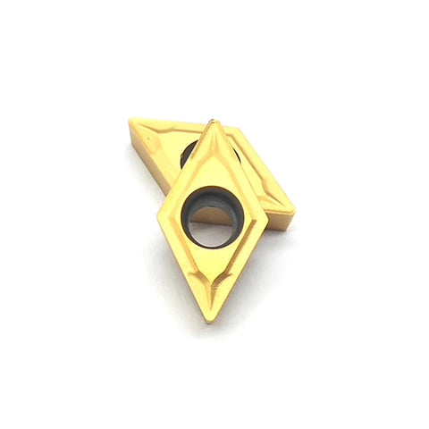 Two gold-coated DCMT diamond carbide turning inserts with center bore for lathe holder