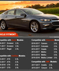 Vehicle fitment chart for Plug-And-Play Intake And Exhaust Camshaft Position Actuator Solenoid Kit For Chevy Malibu Impala Regal Canyon 2.0L 2.5L VVT Upgrade 2013-2017 Models OEM Replacement 12662736 12662737 next to a Chevy vehicle image