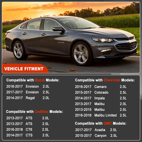 Vehicle fitment chart for Plug-And-Play Intake And Exhaust Camshaft Position Actuator Solenoid Kit For Chevy Malibu Impala Regal Canyon 2.0L 2.5L VVT Upgrade 2013-2017 Models OEM Replacement 12662736 12662737 next to a Chevy vehicle image
