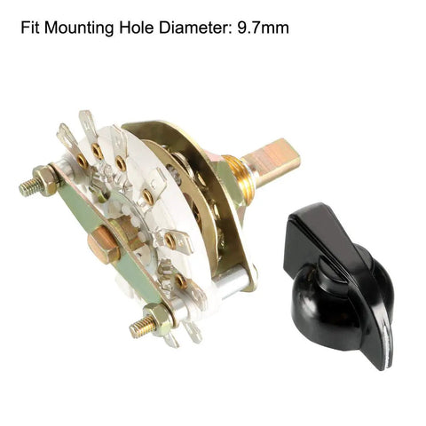 Band Selector Rotary Switch 1 Pole 7 Position With Knob For Panel Mount, 8 Pin, 9.7mm Mount Hole, 6mm Shaft, Includes Black Plastic Knob