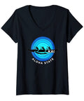 Outrigger Canoe Hawaii Aloha State Paddling Retro V Neck Tee For Women in black with canoe graphic