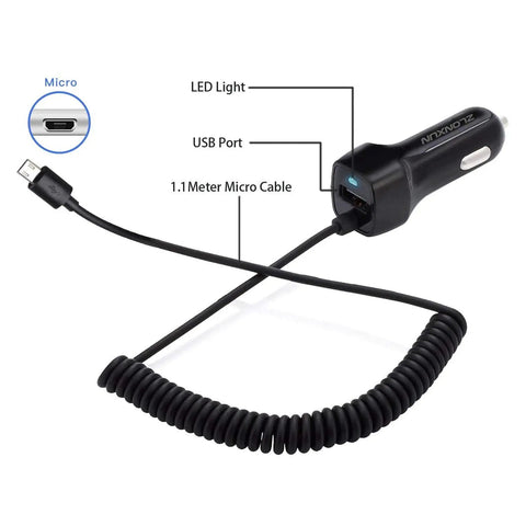 Top Notch Retractable Car Charger With Spring Loaded Micro USB Cable That Slides Out To Three Point Six Feet, featuring 1.1M cable and LED indicator.