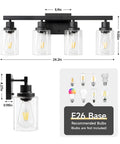Top Shelf 4 Light Bathroom Vanity Light With Clear Glass Sleeves Matte Black Vintage Wall Sconce with glass panels and metal frame.