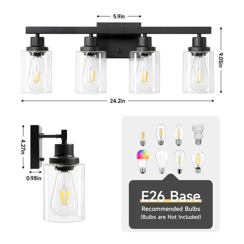 Top Shelf 4 Light Bathroom Vanity Light With Clear Glass Sleeves Matte Black Vintage Wall Sconce with glass panels and metal frame.