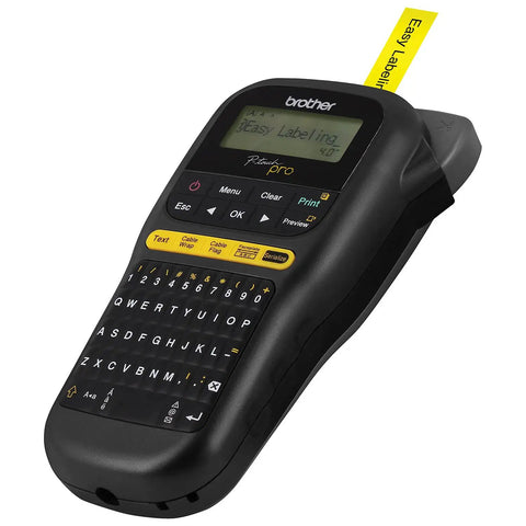 Knockout Performance P Touch Pro Label Maker equipped with one touch keys, displaying label on tape, black design.