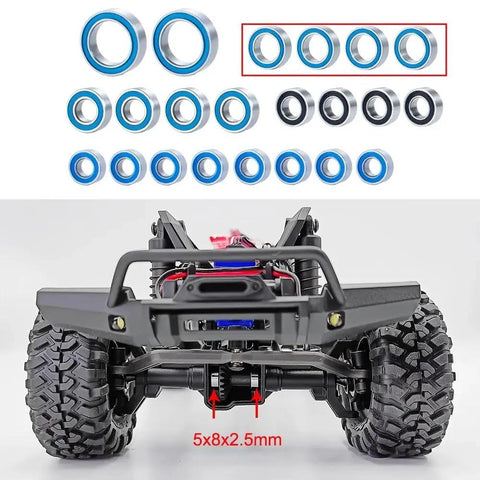 22 Piece Metal Sealed Bearing Set For 1 To 18 RC Cars Beef Up Your RC Car Upgrades And Replacements Durable Bearings Deliver Smooth Performance Reduced Friction Long Lasting Ride, displayed on model car and bearings layout.