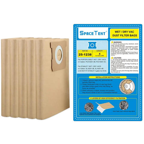 Five Pack Replacement Shop Vac Filter Bags 25 1238 for Stanley and Porter Cable 4 Gallon Wet Dry Vacuums, packaging view.