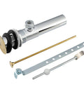Sink Pop Up Drain Stopper Assembly With Lift Rod And Overflow In Solid Brass, polished brass finish, components spread out