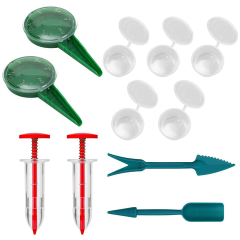 Compact Mini Handheld Seed Spreader Kit with four seeders, two shovels, and five seed boxes for precise sowing of lettuce, spinach, carrot, grass, and more.