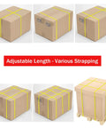 No Sweat Polypropylene Banding Strapping Kit With Dead Simple Dual Handle Packaging Tensioner And Tough Yellow Plastic Strap Rounds securing cardboard boxes.