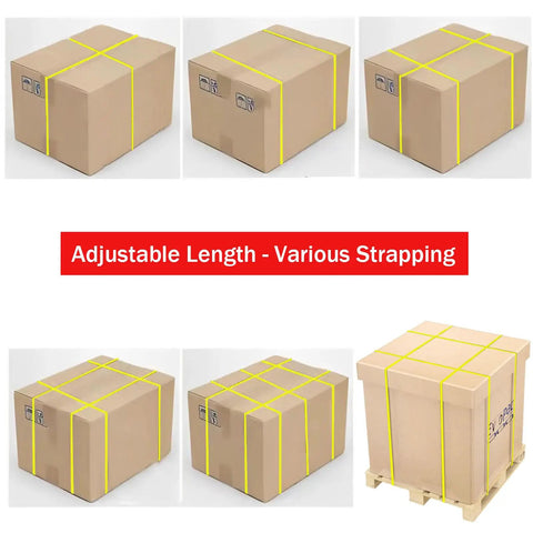 No Sweat Polypropylene Banding Strapping Kit With Dead Simple Dual Handle Packaging Tensioner And Tough Yellow Plastic Strap Rounds securing cardboard boxes.