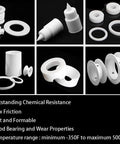 White PTFE products showcasing low friction and chemical resistance properties, including gaskets and seals, with temperature range details.