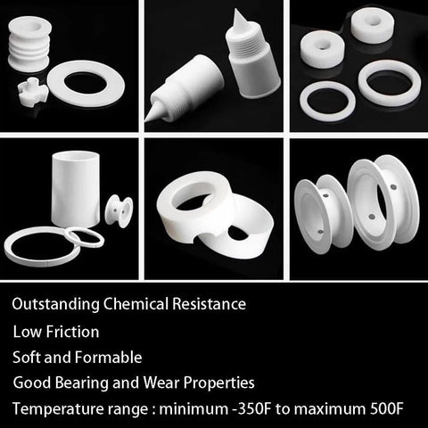 White PTFE products showcasing low friction and chemical resistance properties, including gaskets and seals, with temperature range details.