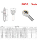 POSB6 Rod End Bearing 3/8 Inch Bore And 3/8-24 Right Hand Thread Heavy Duty Self Lubricating Male Heim Joint With 2 Jam Nuts, technical drawing and product view