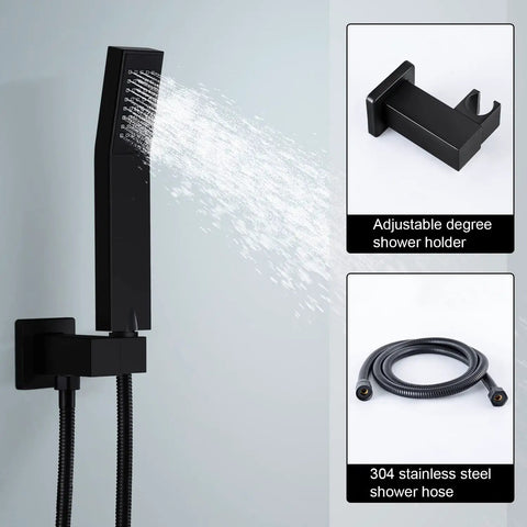 Matte Black 12 Inch Rainfall Shower Head System With Handheld Square Shower Head and adjustable wall mount holder