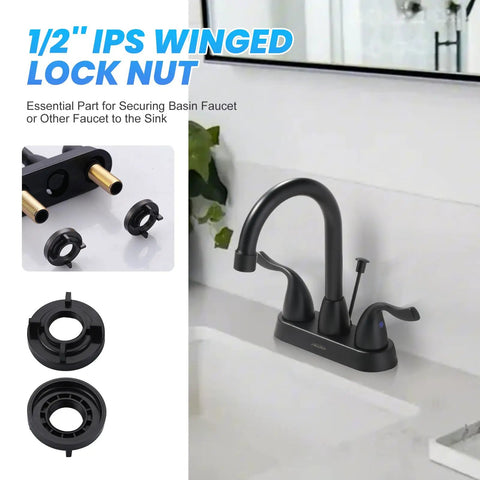 One Half Inch Ips Faucet Mounting Lock Nut Two Pack For Sink Installation Durable Abs Plastic shown with faucet in bathroom setting.