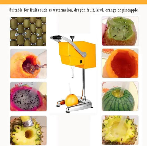 Effortless Whole Fruit Citrus Juicer Press Featuring Smart 3 Leaf Tech with orange and sliced fruits around it.