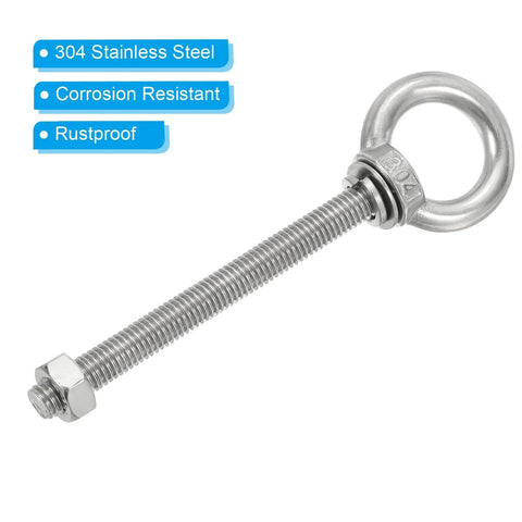 M8 x 120mm Lifting Shoulder Eye Bolts Set, 3 Pack, 304 Stainless Steel Threaded Eyebolts with Nuts and Washers
