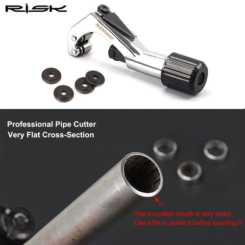 Bike Tube Cutter Kit For Fork Steerer, Seat Post And Handlebar Tubes, With 5 Cutter Wheels, shown with cut pipe section