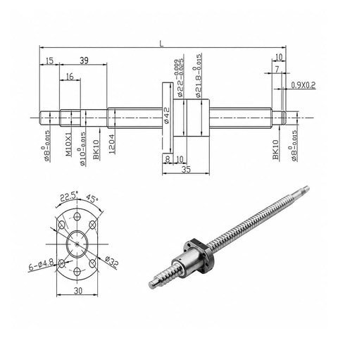 Premium C7 Grade 12mm SFU1204 Ball Screw With Single Nut for CNC Machina, showing dimensions and detailed design.