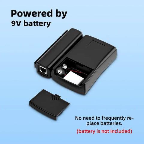 RJ45 RJ11 Ethernet Cable Tester For CAT5e To CAT7, black 9V battery compartment open with cover removed