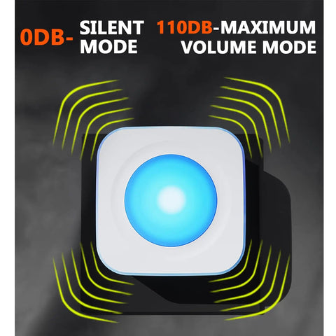 Wireless Doorbell System For Home with volume indicators showing silent and maximum modes, featuring blue light.