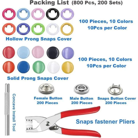 Snap Fastener Kit With Hollow And Solid Metal Prong Snaps 9.5Mm 400 Pcs 100 Sets In 10 Color Options With Durable Punch Tool And Pliers