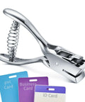 Heavy Duty All Metal Badge Hole Punch for ID Cards, handheld slot punch shown alongside PVC, business, and ID cards.