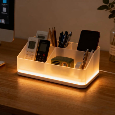 Desk organizer illuminated by Battery Powered RGB LED Strip Lights 1 Meter Flexible Color Changing Light Strip for ambient lighting