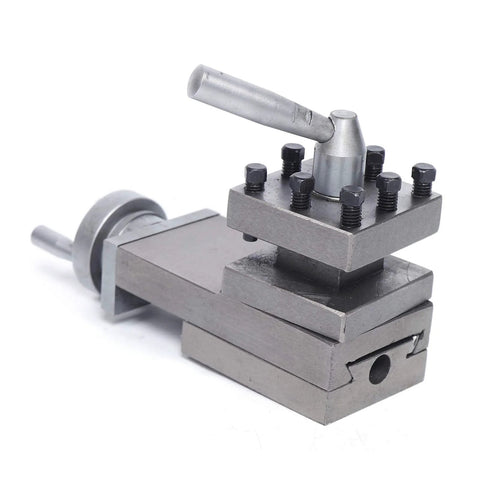 Mini metal lathe tool post assembly with square base and eight bolts side view