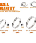 ISPINNER 12-piece stainless steel adjustable worm-gear hose clamp set in three sizes 27–51mm, 52–76mm, 78–102mm, silver, front view