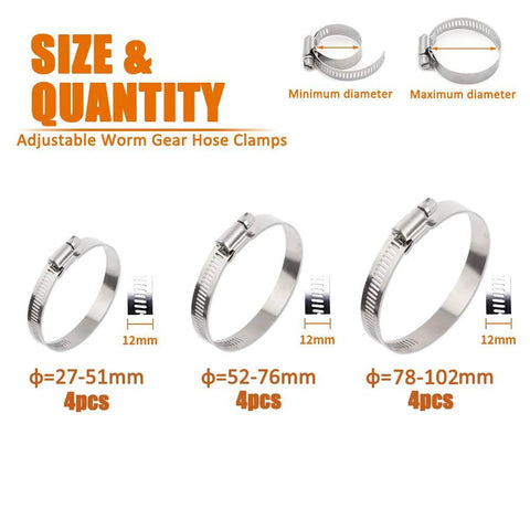 ISPINNER 12-piece stainless steel adjustable worm-gear hose clamp set in three sizes 27–51mm, 52–76mm, 78–102mm, silver, front view