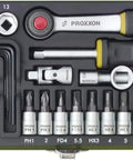 36 Piece Socket Set With Quarter Inch Square Drive Includes 13mm Sockets Slotted Phillips Torx And Allen Bits 1.25 1.5 2.0 2.5 3mm Hex Keys Welded Steel Case Powder Coated Durable With Easy Read Size Markings displayed in a connected layout.
