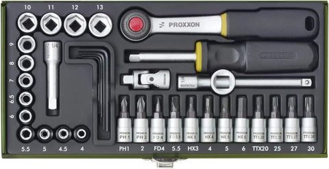 36 Piece Socket Set With Quarter Inch Square Drive Includes 13mm Sockets Slotted Phillips Torx And Allen Bits 1.25 1.5 2.0 2.5 3mm Hex Keys Welded Steel Case Powder Coated Durable With Easy Read Size Markings displayed in a connected layout.