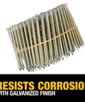 Bundle of nails with galvanized finish, labeled 'Resists Corrosion' for Three and a Quarter Inch by Point One Two Zero Inch Smooth Galvanized Coil.