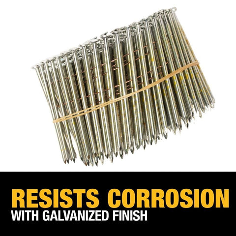 Bundle of nails with galvanized finish, labeled 'Resists Corrosion' for Three and a Quarter Inch by Point One Two Zero Inch Smooth Galvanized Coil.