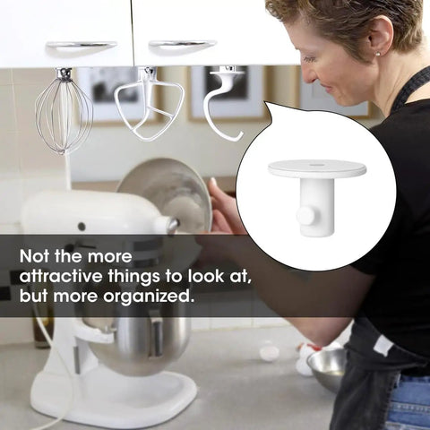 Four Pack Stand Mixer Attachment Organizer For KitchenAid Accessories with Flex Edge Beater, Flat Beater, hooks, and whip.