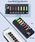 Diagram showing 12V Six Circuit Waterproof Marine Fuse Panel With LED Indicator Damp Proof Cover And ATO Blade Fuse Block dimensions.