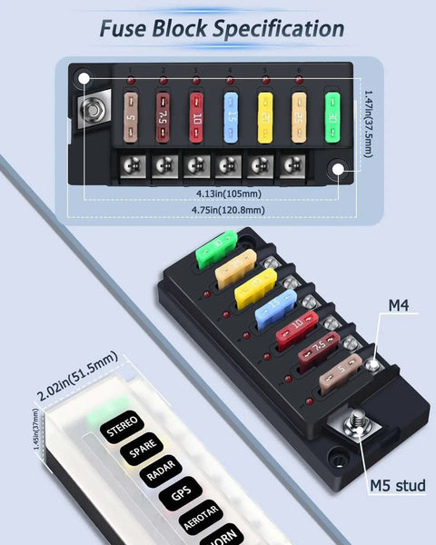 Diagram showing 12V Six Circuit Waterproof Marine Fuse Panel With LED Indicator Damp Proof Cover And ATO Blade Fuse Block dimensions.