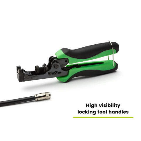 F Connector Compression Tool For RG6 And RG59 Coax, Adjustable For Series 6 And Quad Shield, Green TPE Grips, Locking Handle