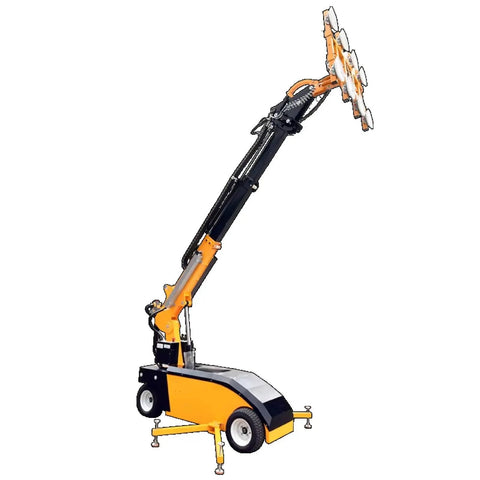 Heavy Duty Electric Vacuum Glass Lifter With Multi Suction Cup System For Smooth Curtain Wall Construction And No Sweat Glass Panel Install Pro Grade Mobile Robot Handler showing a tall, extendable arm with suction cups.