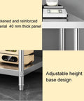 Thickened and reinforced 40 mm panel of Heavy Duty Three Layer Stainless Steel Workbench Kitchen Countertop with adjustable base.