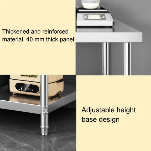 Thickened and reinforced 40 mm panel of Heavy Duty Three Layer Stainless Steel Workbench Kitchen Countertop with adjustable base.
