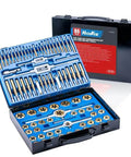 All In One 86 Piece Tap And Die Set With Titanium Coated Tools SAE And Metric Standard in storage case showing taps and dies layout