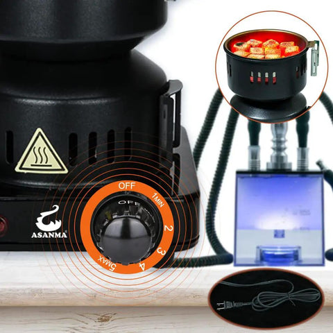 ETL Certified Charcoal Stove With 5 Gear Coal Burner For Cubes, showing control knob, coal holder, and power cord.