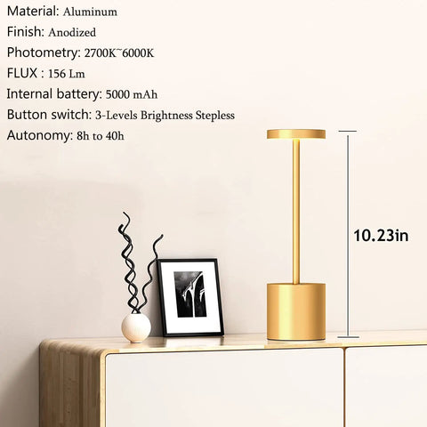 2 Pack Cordless Rechargeable LED Table Lamps With 5000mAh Battery gold light on wooden table, 10.23 inches tall