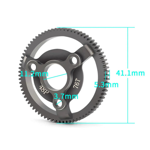 Aluminum Spur Gear Set For 1 By 10 Traxxas Slash 2WD RC Cars With 48P 76T teeth, dimensions detailed, durable high strength upgrade part.