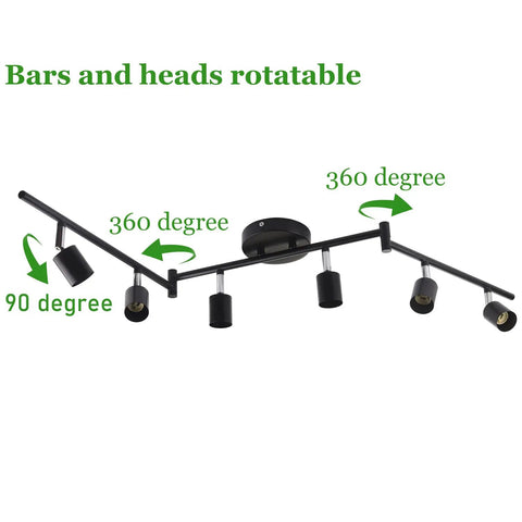 Dope Six Light Head Adjustable LED Track Lighting Kit With Three Bar Layout And Flexible Arms, 360 Degree Rotatable in Matte Black.